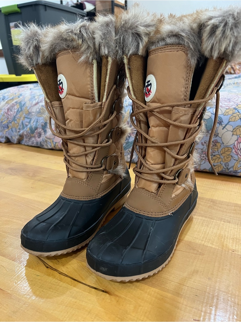 Kids Brown and Black Winter Snow Boots with Faux Fur Trim